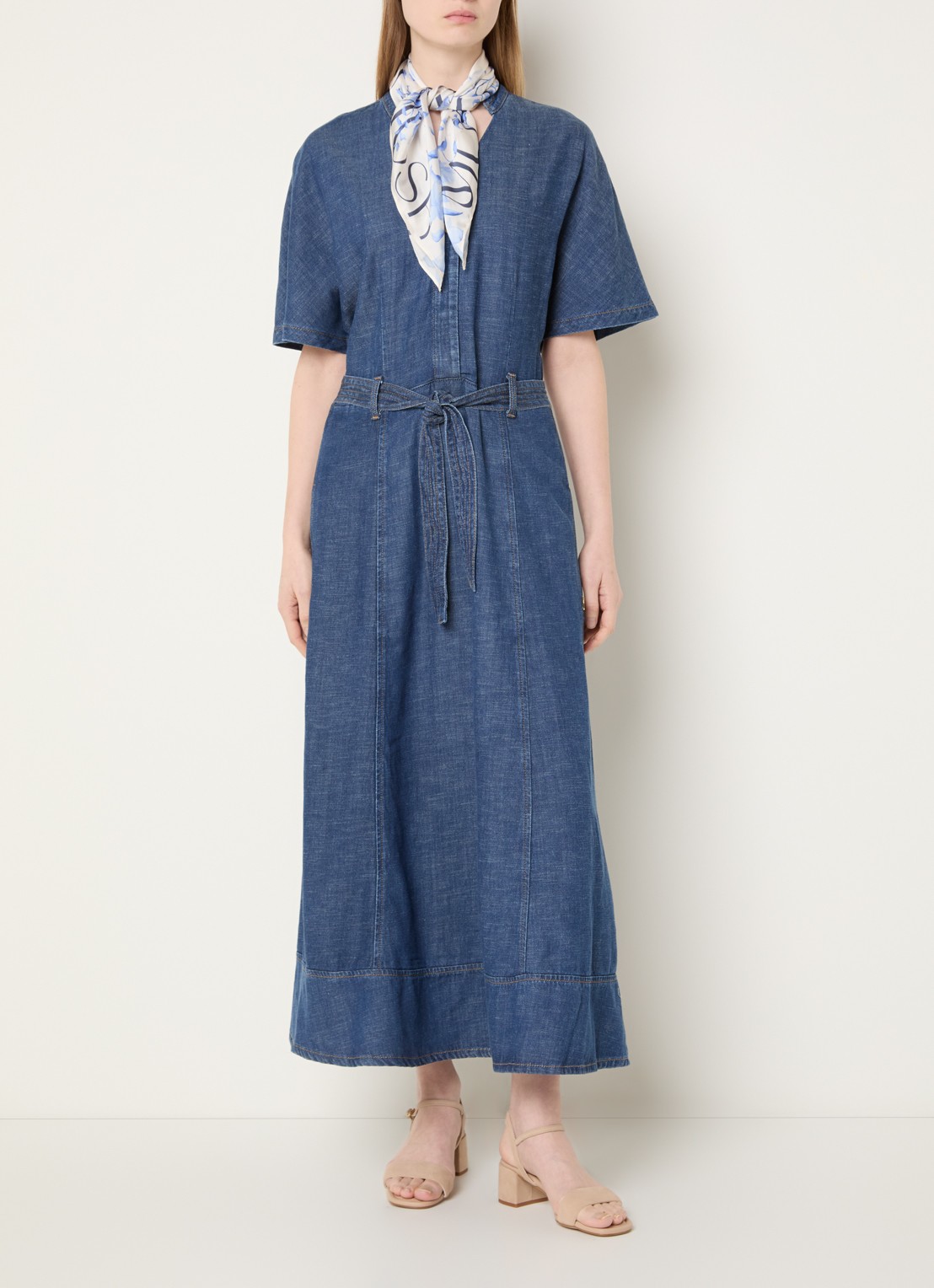 Mos Mosh MMEla Arfge midi denimjurk met strikceintuur - detail 2 indigo