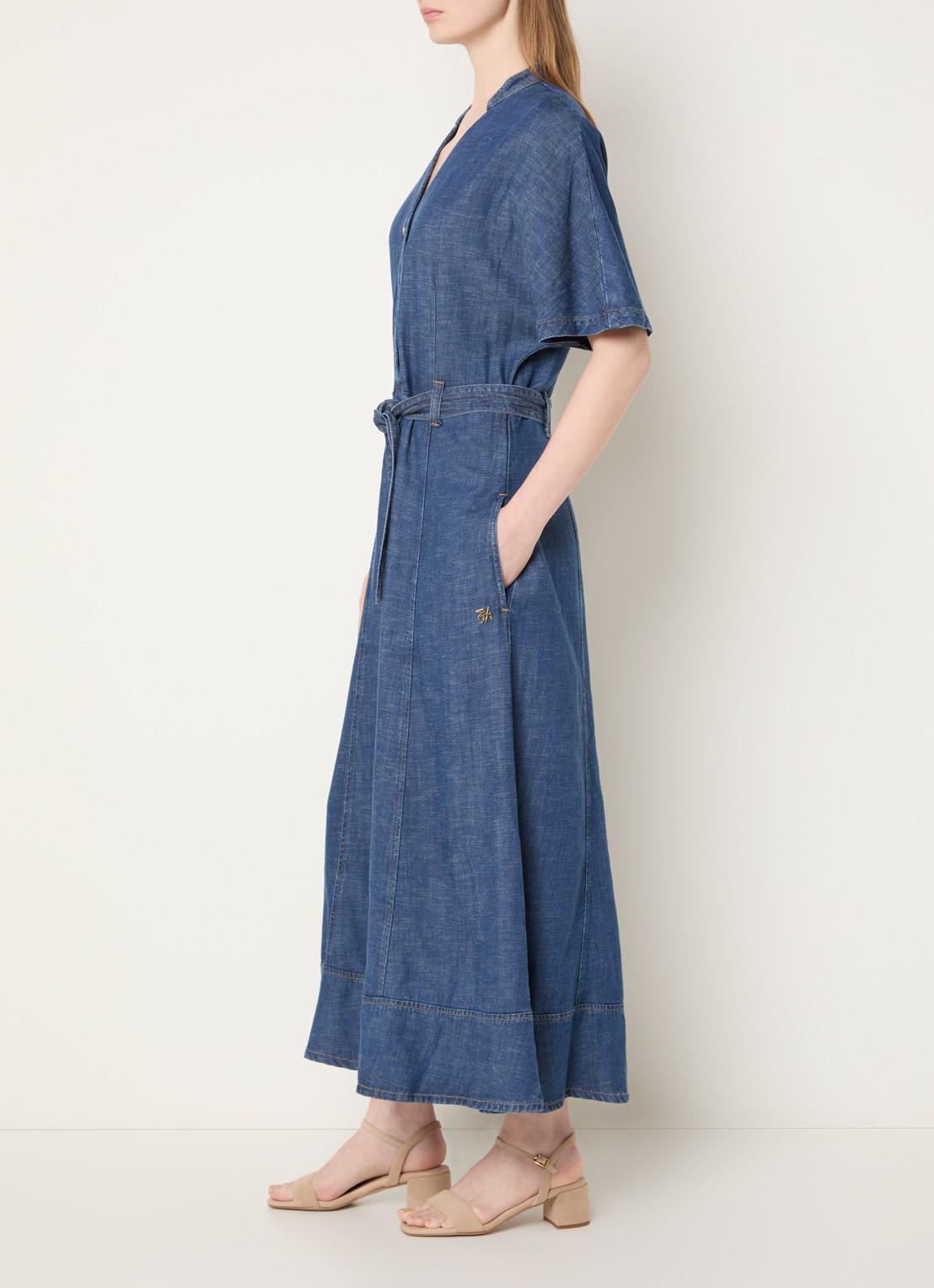 Mos Mosh MMEla Arfge midi denimjurk met strikceintuur - voorkant 4 indigo