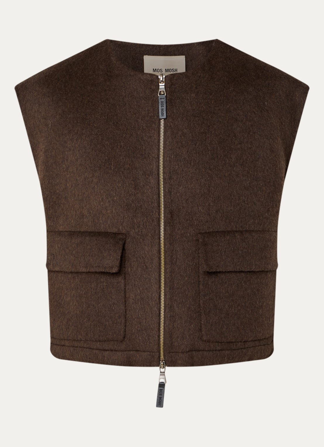 Mos Mosh MMElise bodywarmer in wolblend met opgestikte zakken - voorkant bruin
