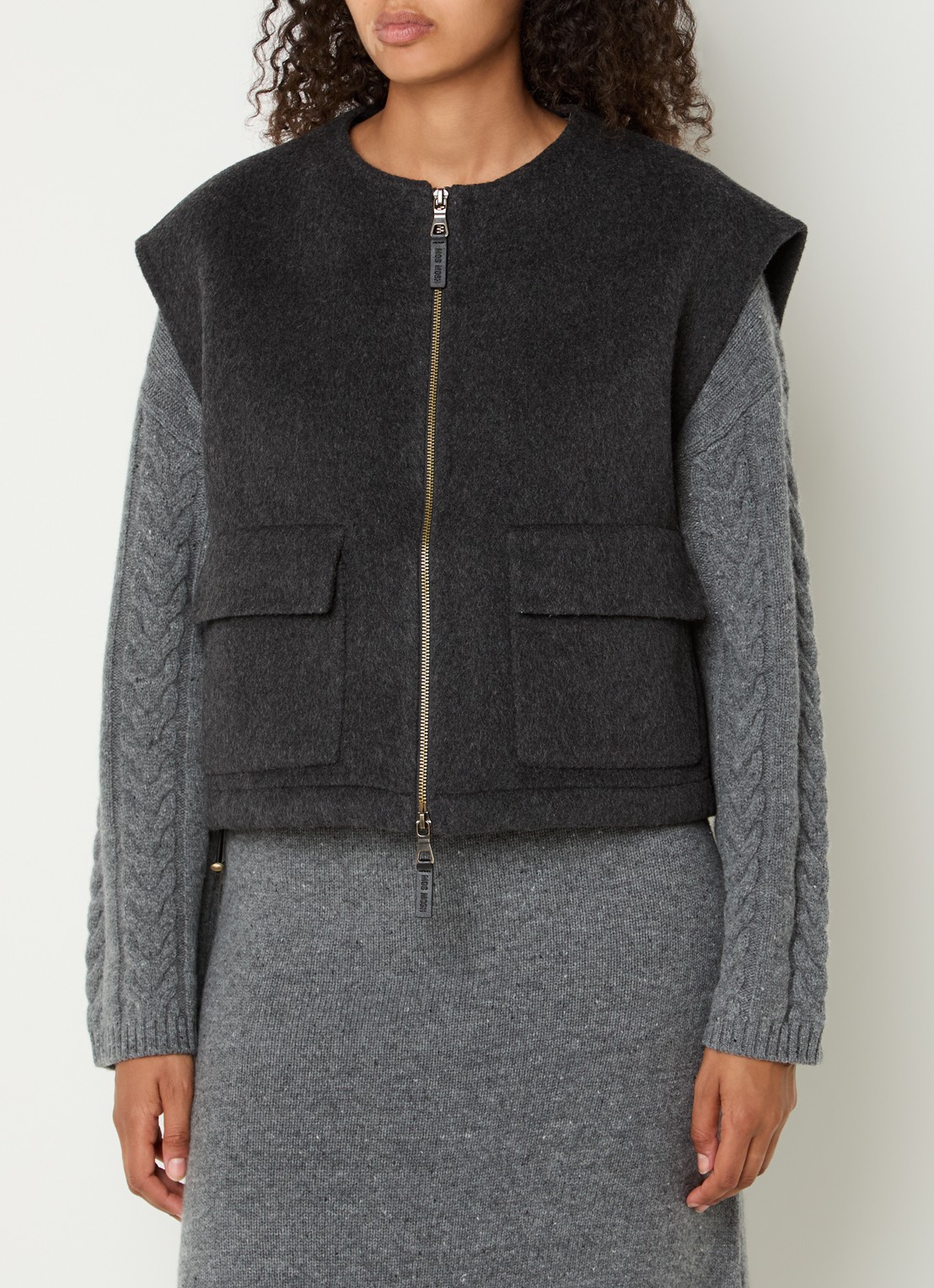 Mos Mosh MMElise bodywarmer in wolblend met opgestikte zakken - detail 4 donkergrijs