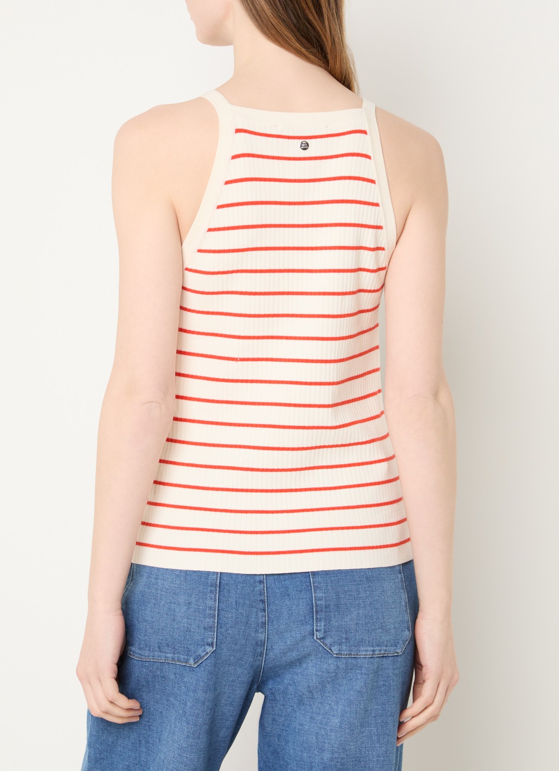 Mos Mosh MMImanja Caliz mouwloze top in zijdeblend met streepprint - achterkant rood