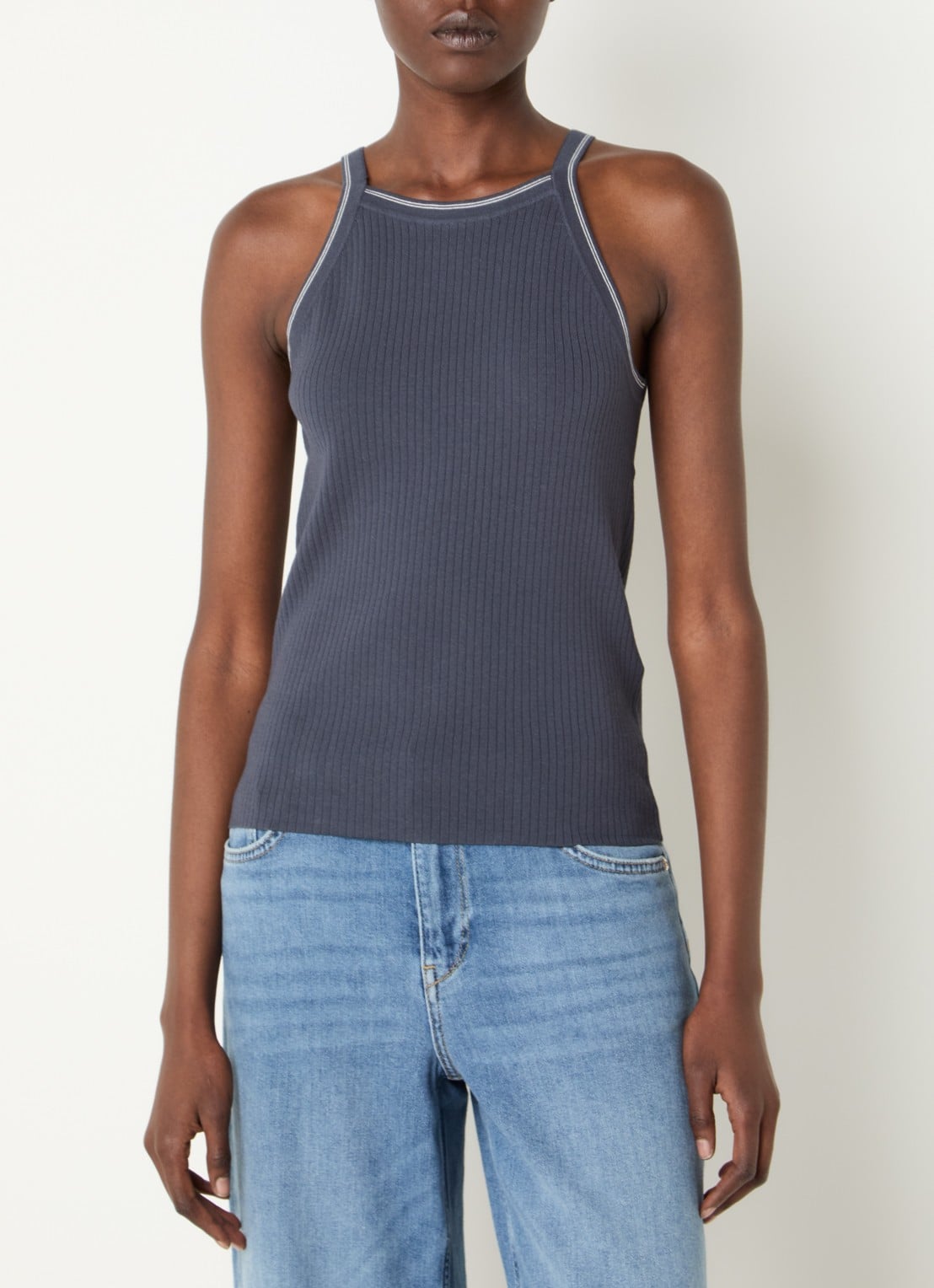 Mos Mosh MMImanja tanktop in zijdeblend met ribstructuur - detail donkerblauw