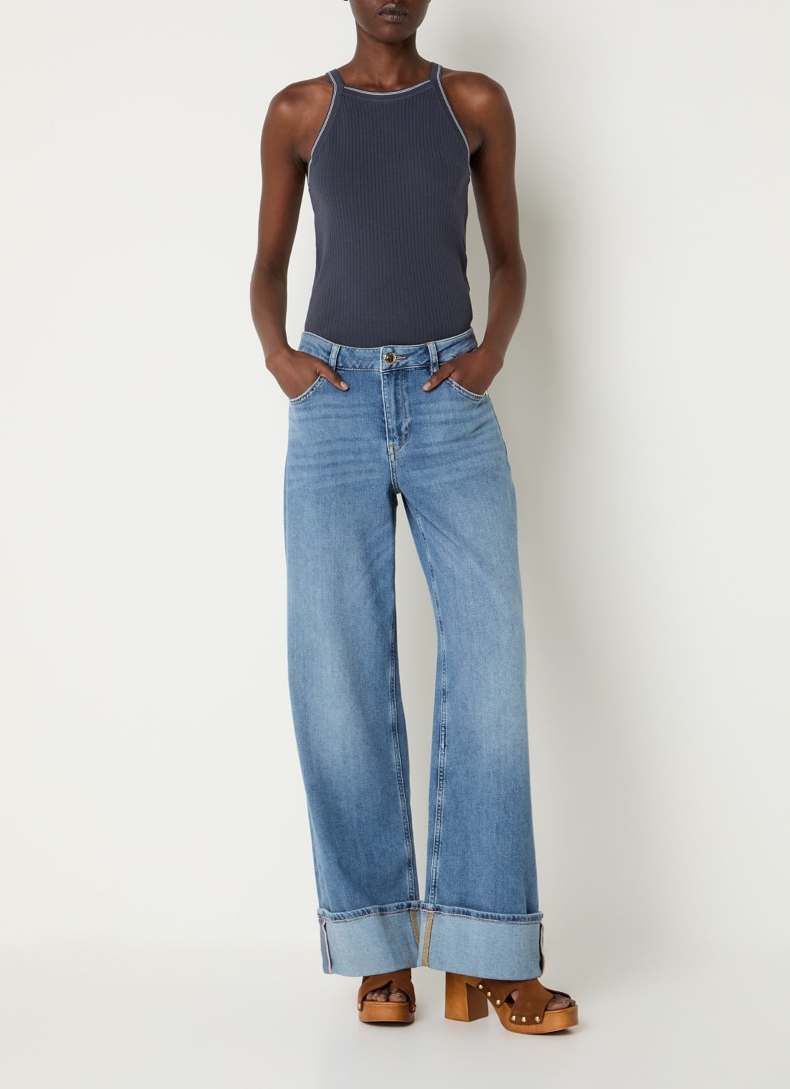 Mos Mosh MMImanja tanktop in zijdeblend met ribstructuur - voorkant 3 donkerblauw