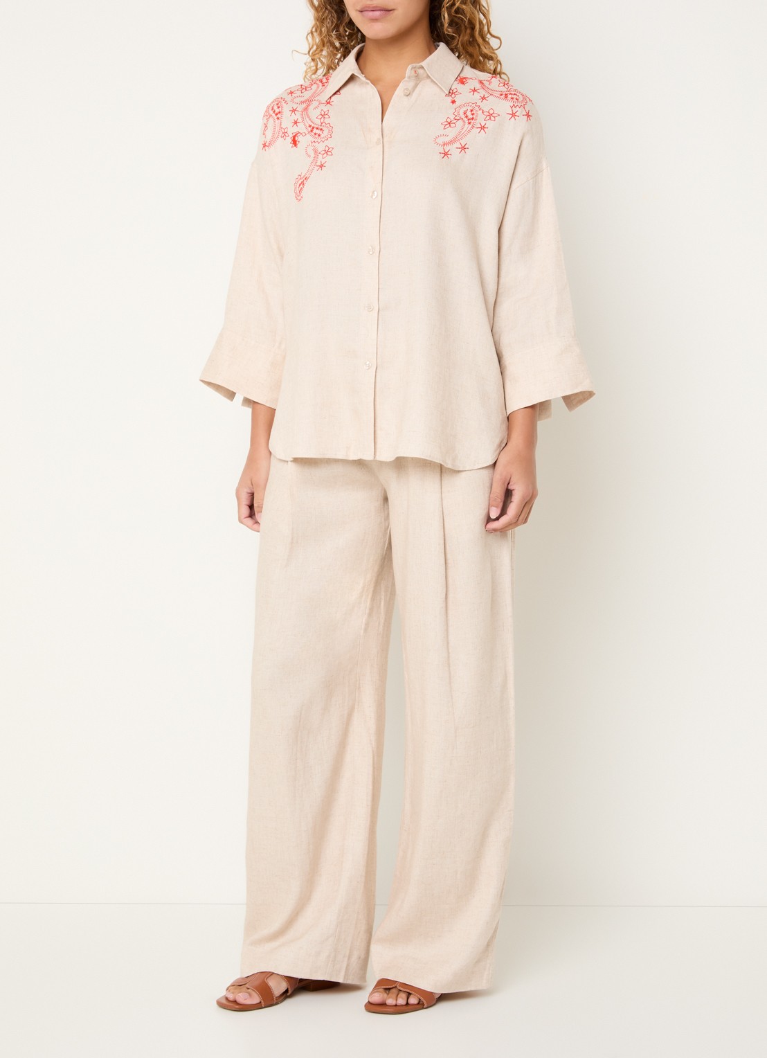 Mos Mosh MMIssa high waist wide fit pantalon in linnenblend - voorkant 3 beige