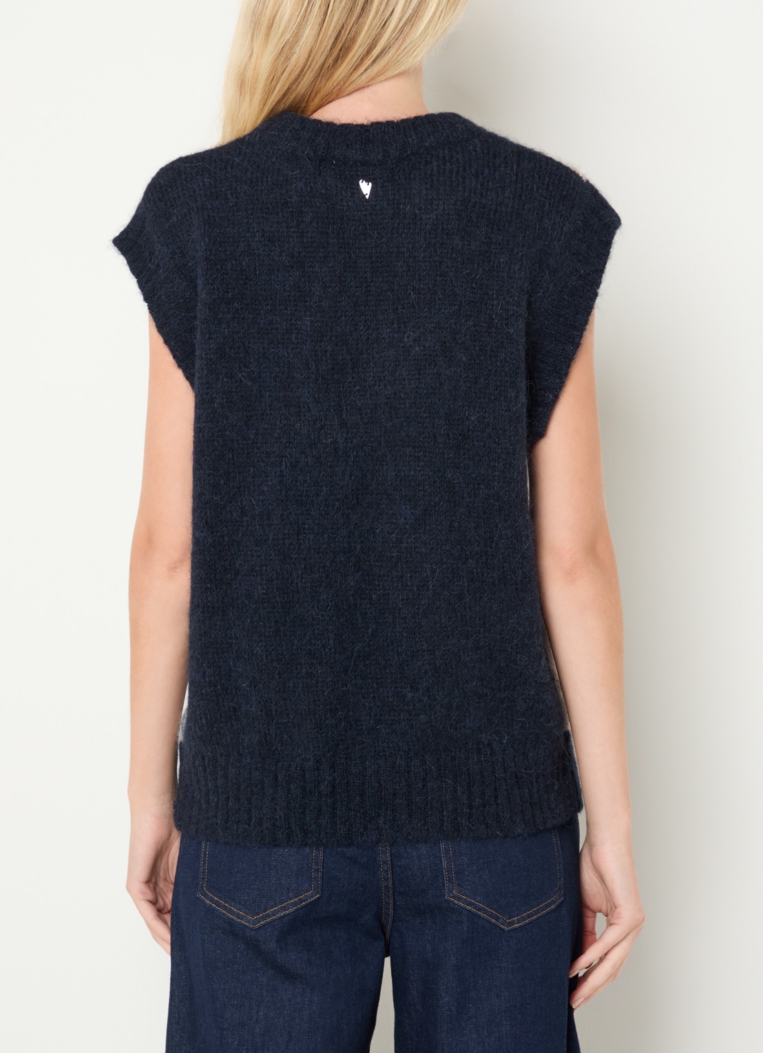 Mos Mosh MMJennine grofgebreide spencer in alpaca wolblend met ruitdessin - achterkant 2 donkerblauw