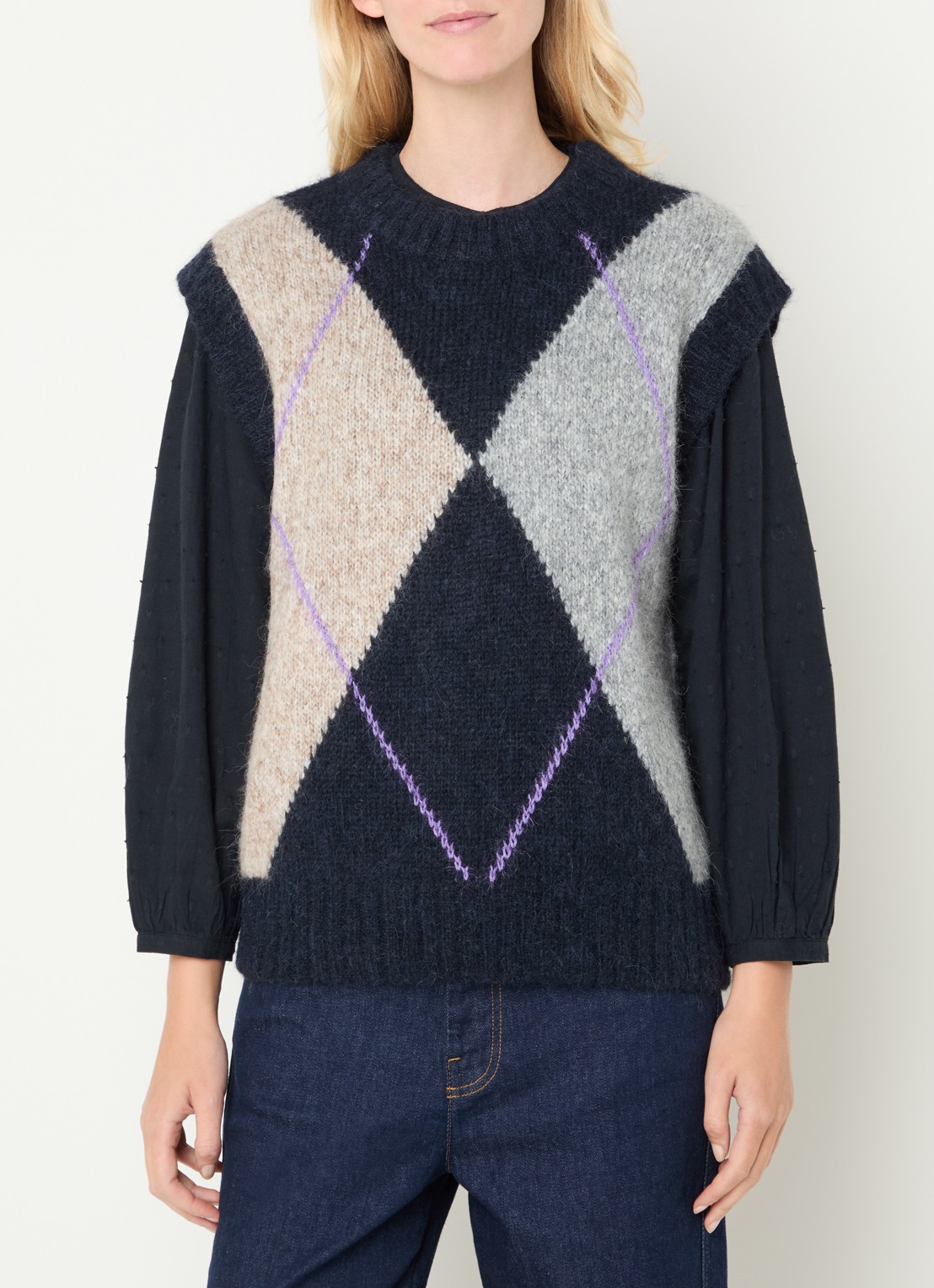 Mos Mosh MMJennine grofgebreide spencer in alpaca wolblend met ruitdessin - detail donkerblauw