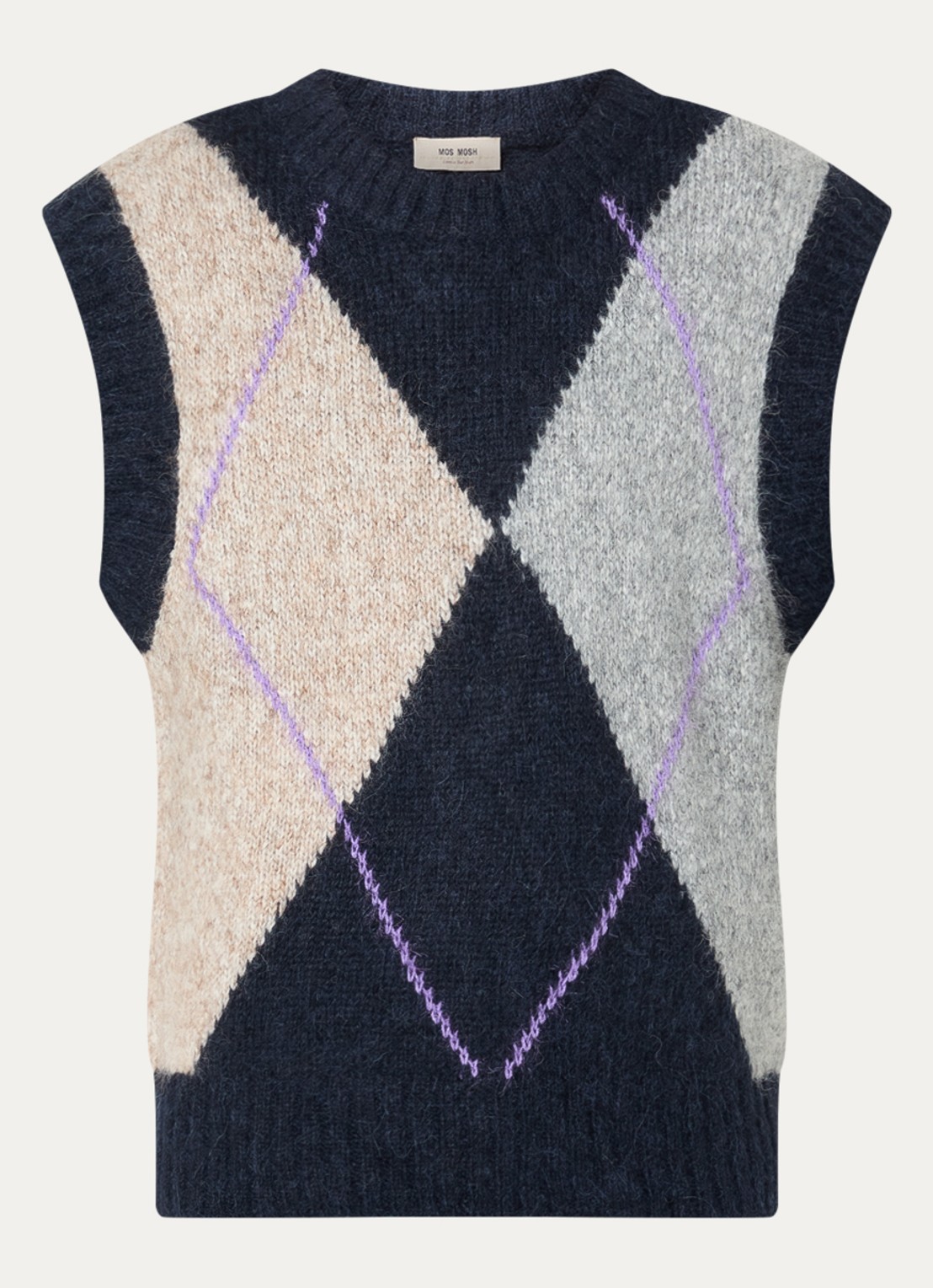 Mos Mosh MMJennine grofgebreide spencer in alpaca wolblend met ruitdessin - voorkant 3 donkerblauw