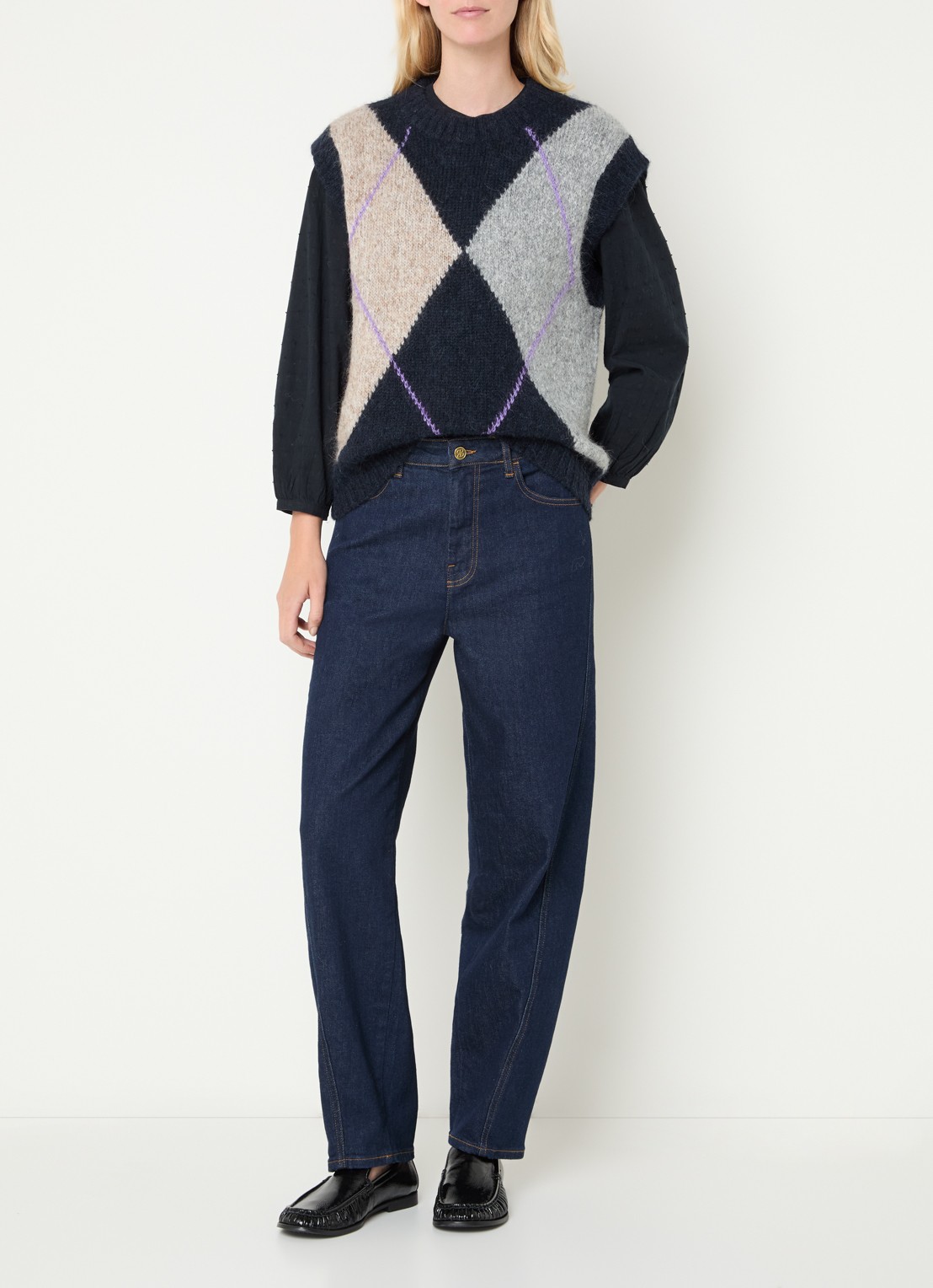 Mos Mosh MMJennine grofgebreide spencer in alpaca wolblend met ruitdessin - voorkant 4 donkerblauw