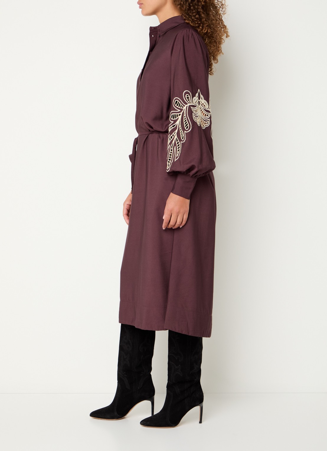 Mos Mosh MMJiza Jorda midi tuniekjurk met opengewerkt detail - voorkant 2 aubergine