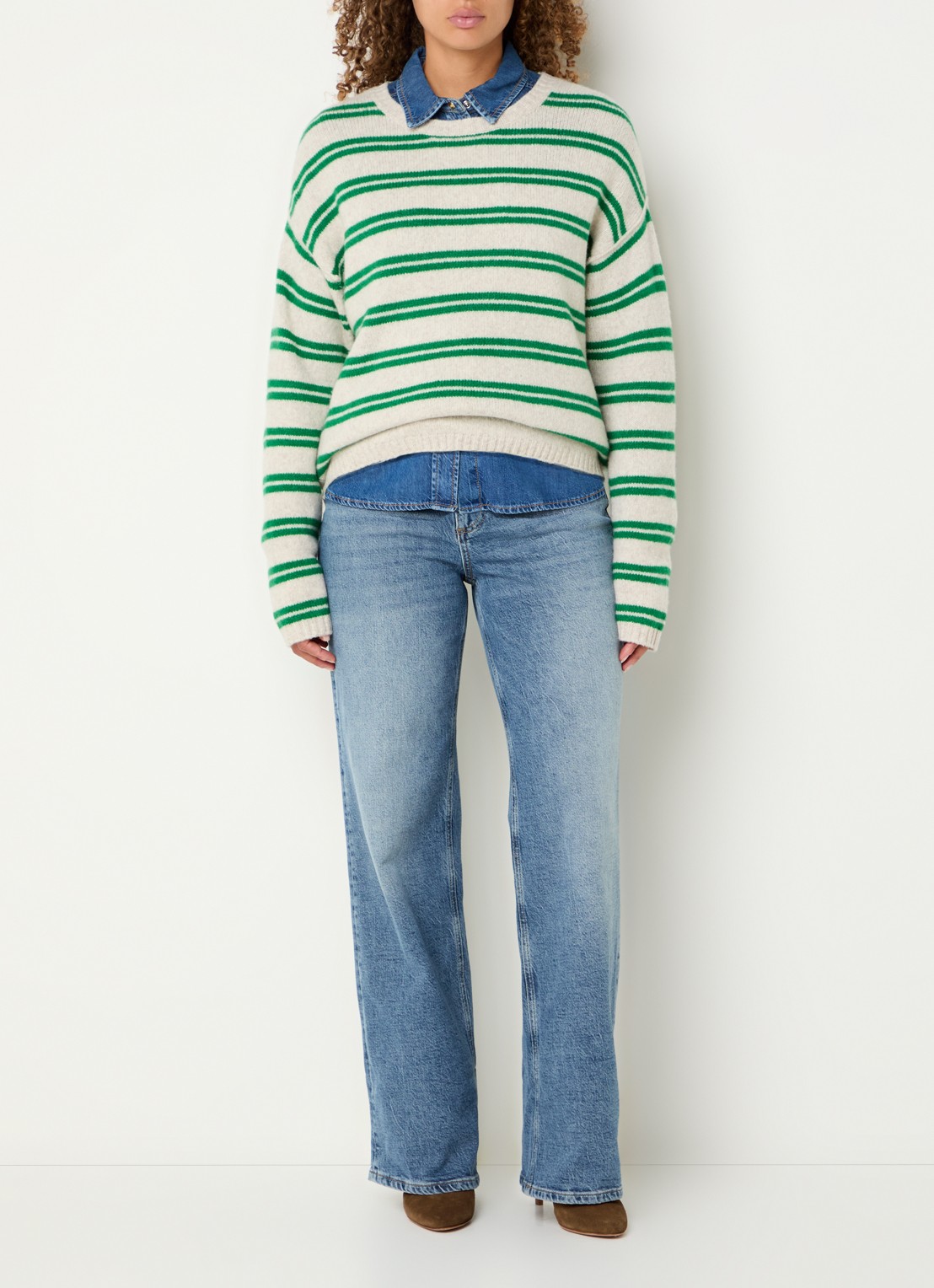 Mos Mosh MMKai grofgebreide pullover in wolblend met streepprint - voorkant 2 groen