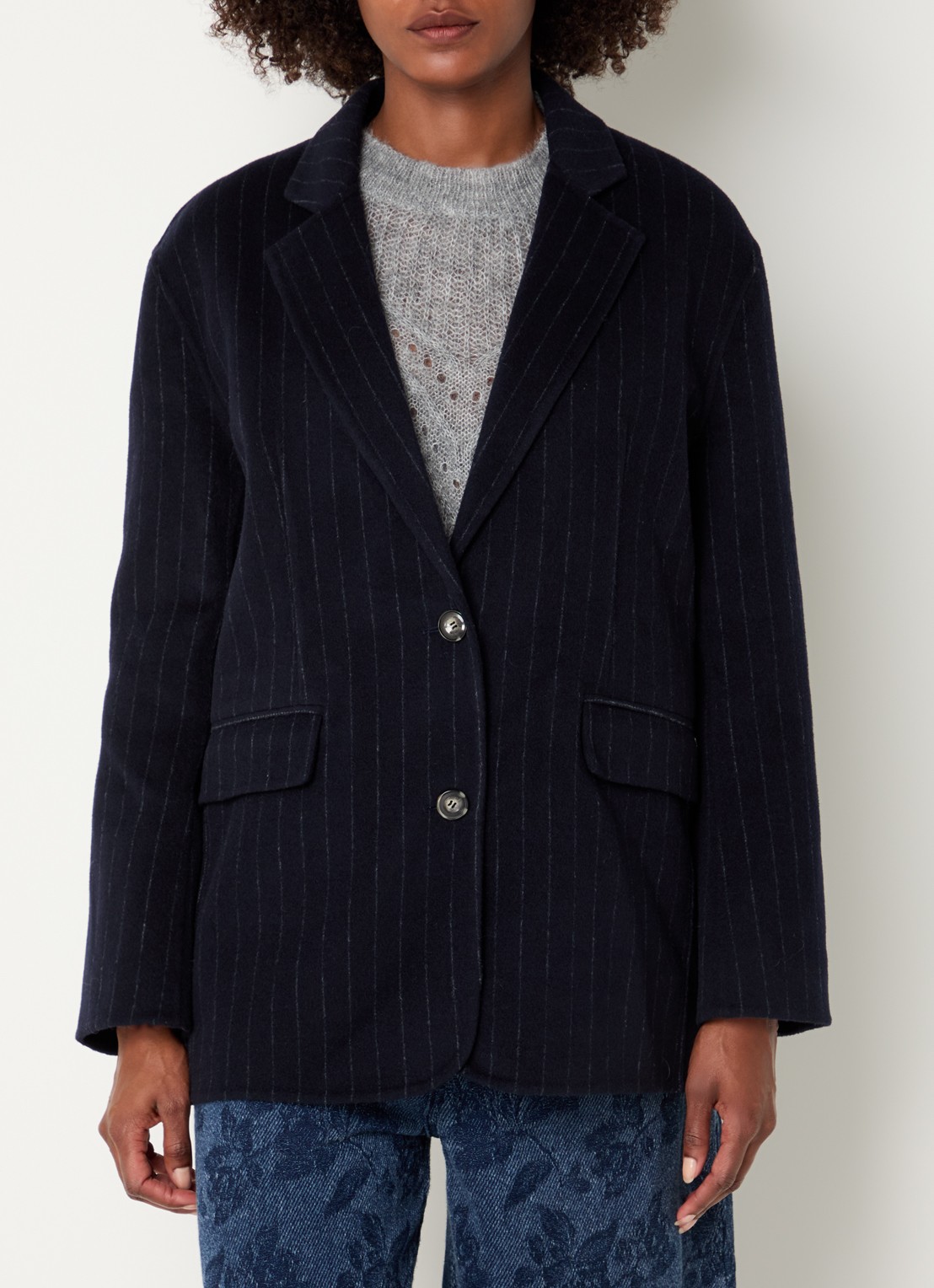 Mos Mosh MMKarita blazer met streepprint en klepzakken - detail 4 donkerblauw