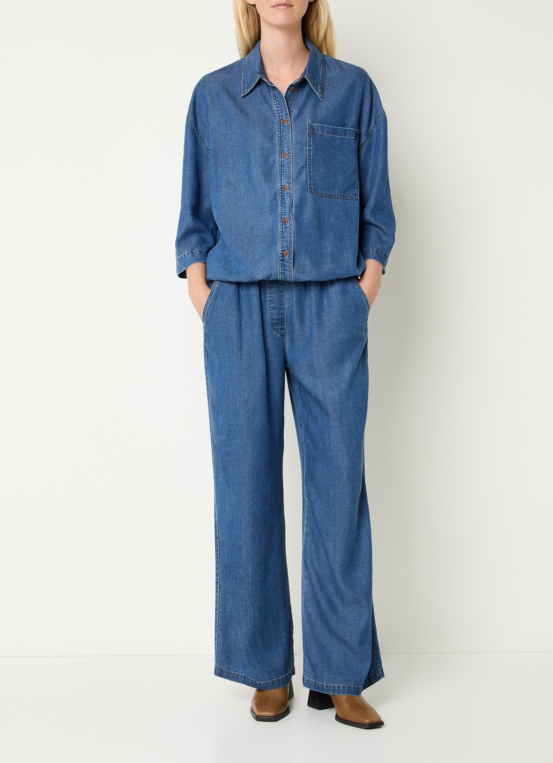 Mos Mosh MMKris Lich high waist straight fit pantalon van chambray met steekzakken - voorkant 3 indigo