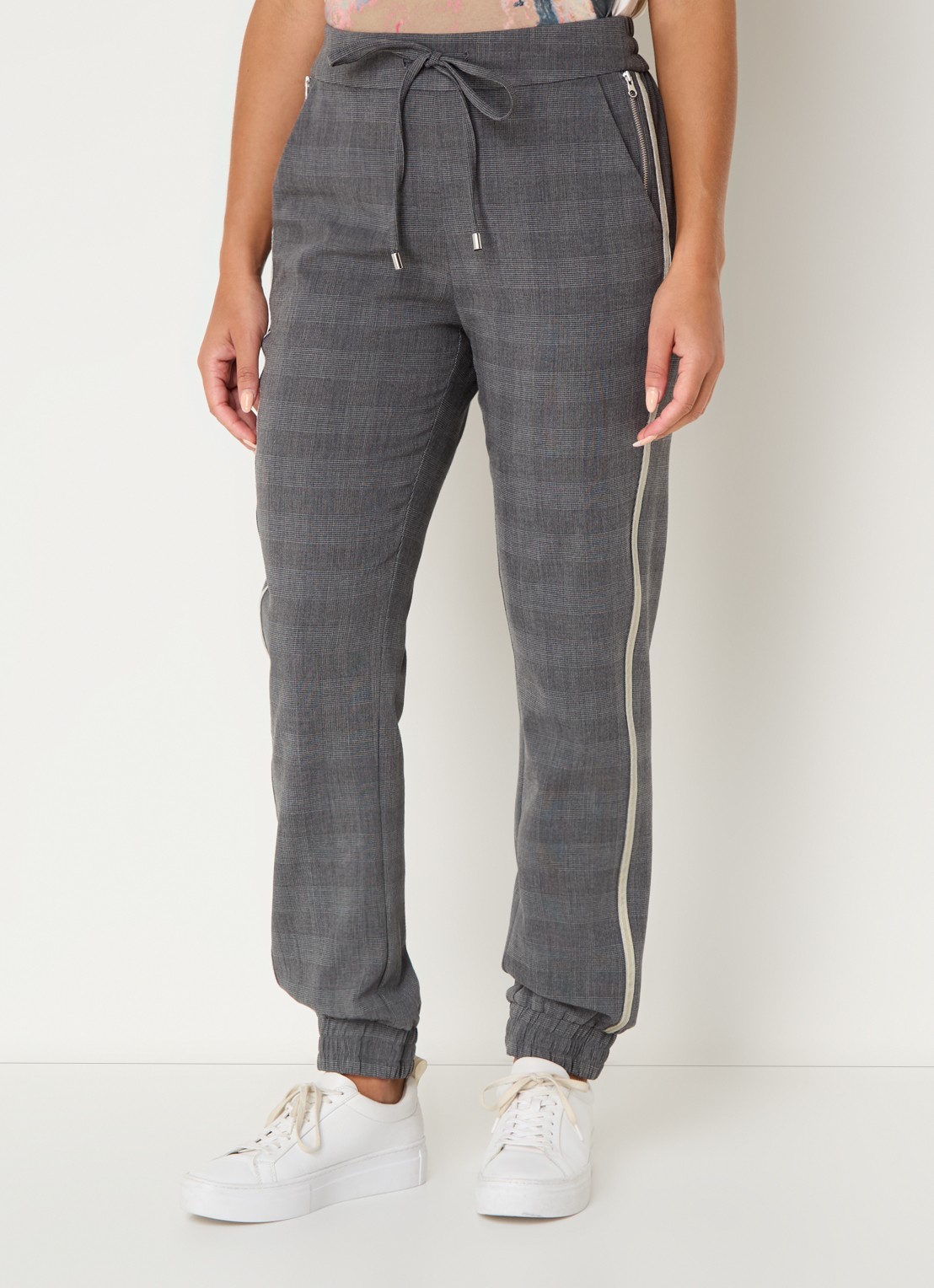 Mos Mosh MMLacie Kimi high waist tapered fit pantalon met ruitdessin - detail grijs