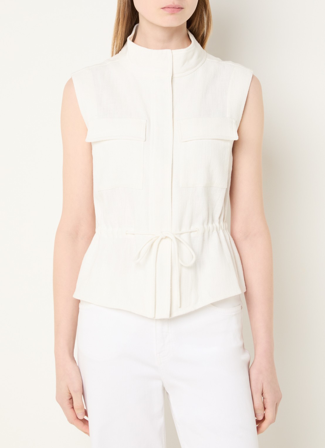 Mos Mosh MMLelo gilet met borstzakken en strikceintuur - detail 4 gebroken wit