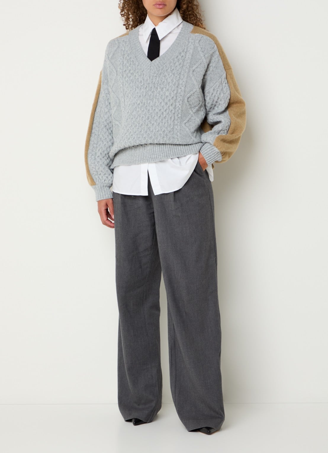 Mos Mosh MMLeslei Monrose high waist wide leg pantalon in kasjmierblend - voorkant 3 grijsmele