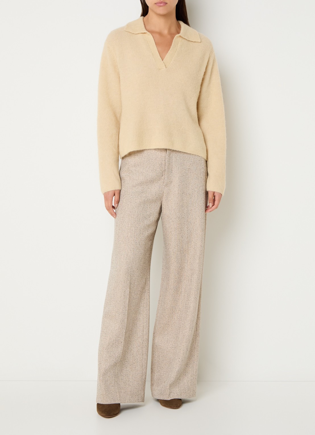 Mos Mosh MMLeya high waist wide fit pantalon met gemêleerd dessin - voorkant 4 beige