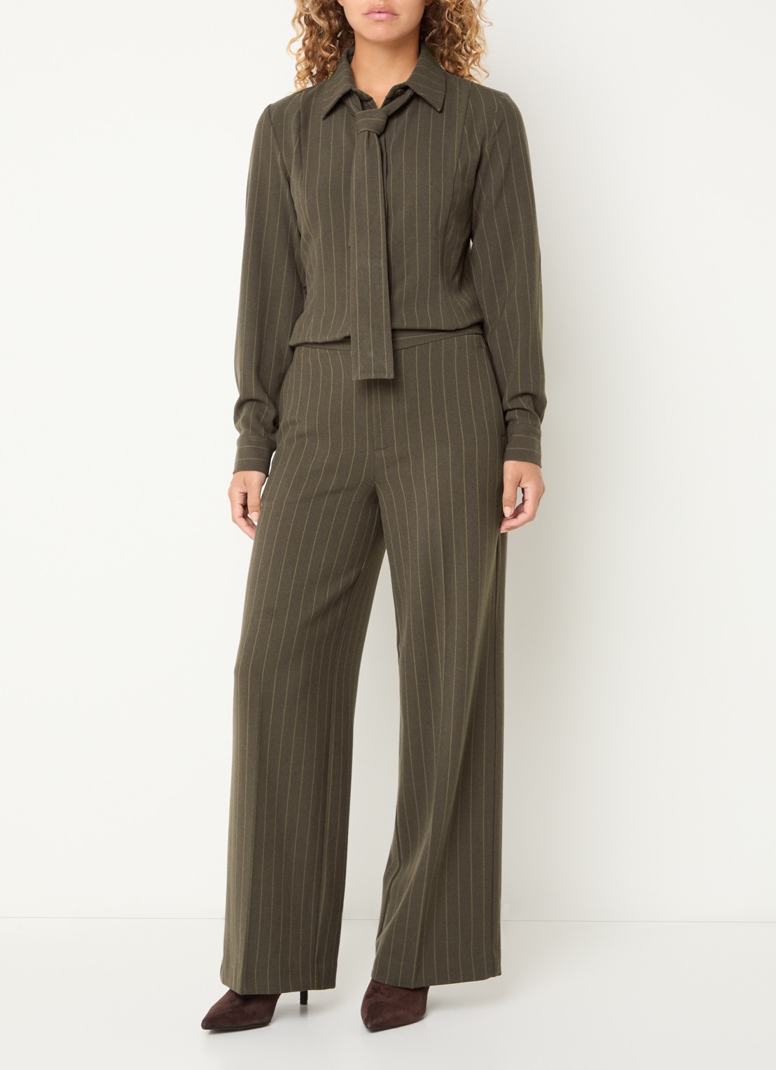 Mos Mosh MMLeya York high wasit loose fit chino met streepprint - voorkant 2 donkerbeige