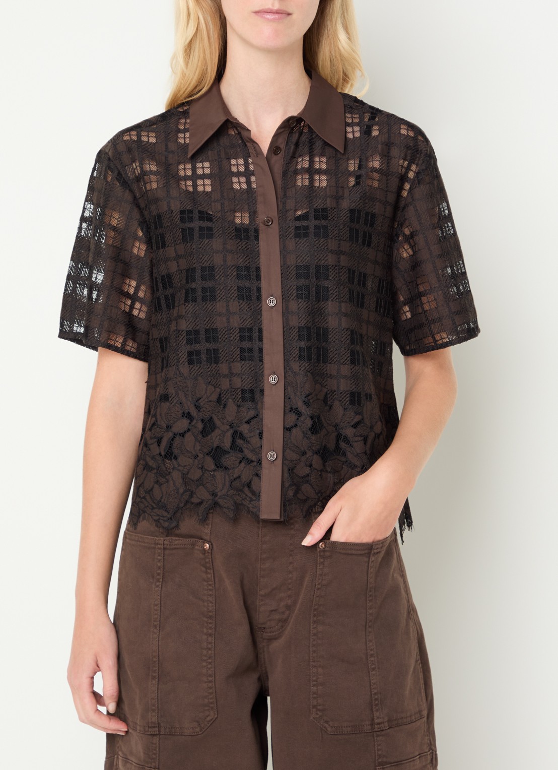 Mos Mosh MMLia River blouse met ruitdessin en details van kant - detail 4 bruin