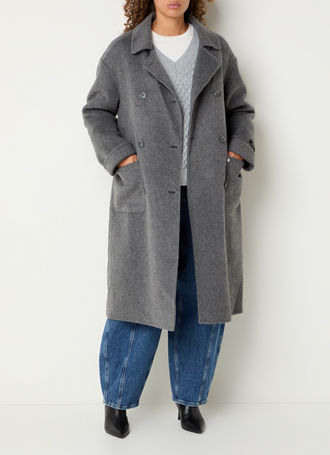 Mos Mosh MMLucca Loisa double-breasted mantel in alpaca wolblend met opgestikte zakken - voorkant 4 grijsmele