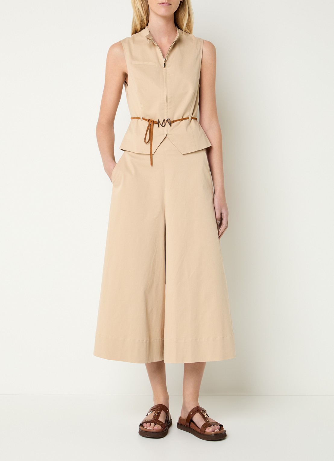 Mos Mosh MMMai Tenca gilet met strikceintuur - voorkant 3 beige