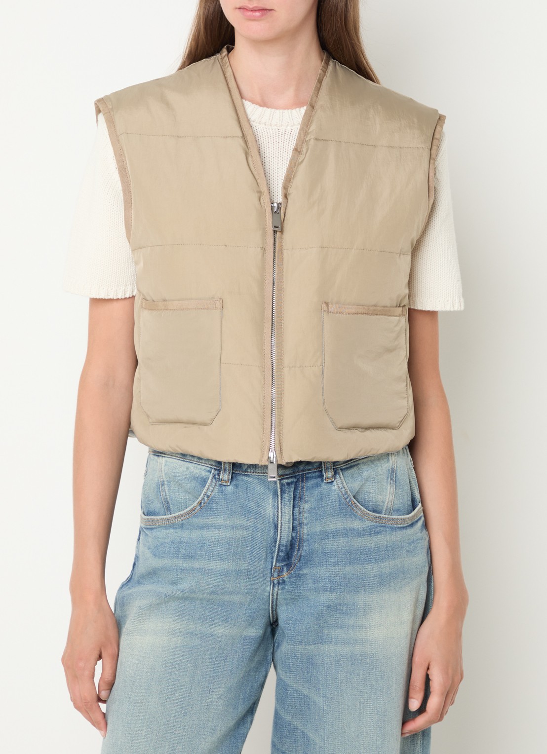 Mos Mosh MMManja gewatteerde bodywarmer met opgestikte zakken - detail 4 donkerbeige