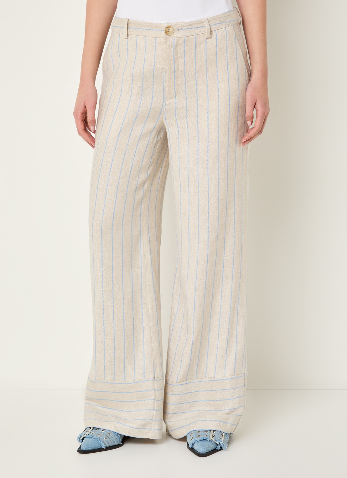 Mos Mosh MMMedina Miriam high waist wide fit pantalon in linnenblend met streepprint - detail 2 lichtblauw