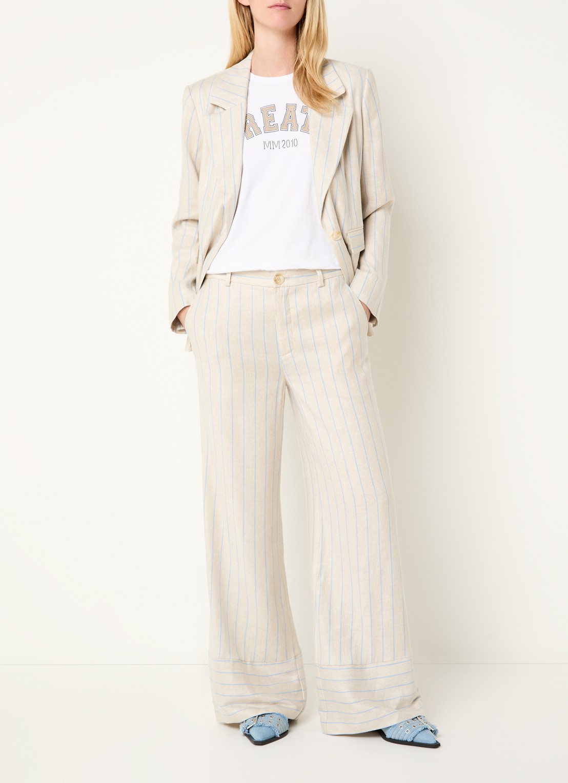 Mos Mosh MMMedina Miriam high waist wide fit pantalon in linnenblend met streepprint - voorkant 5 lichtblauw