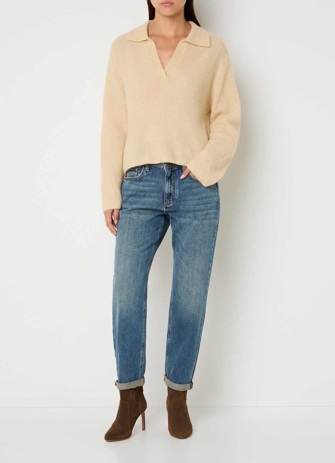 Mos Mosh MMMelly high waist tapered fit cropped jeans met medium wassing  - voorkant 5 indigo