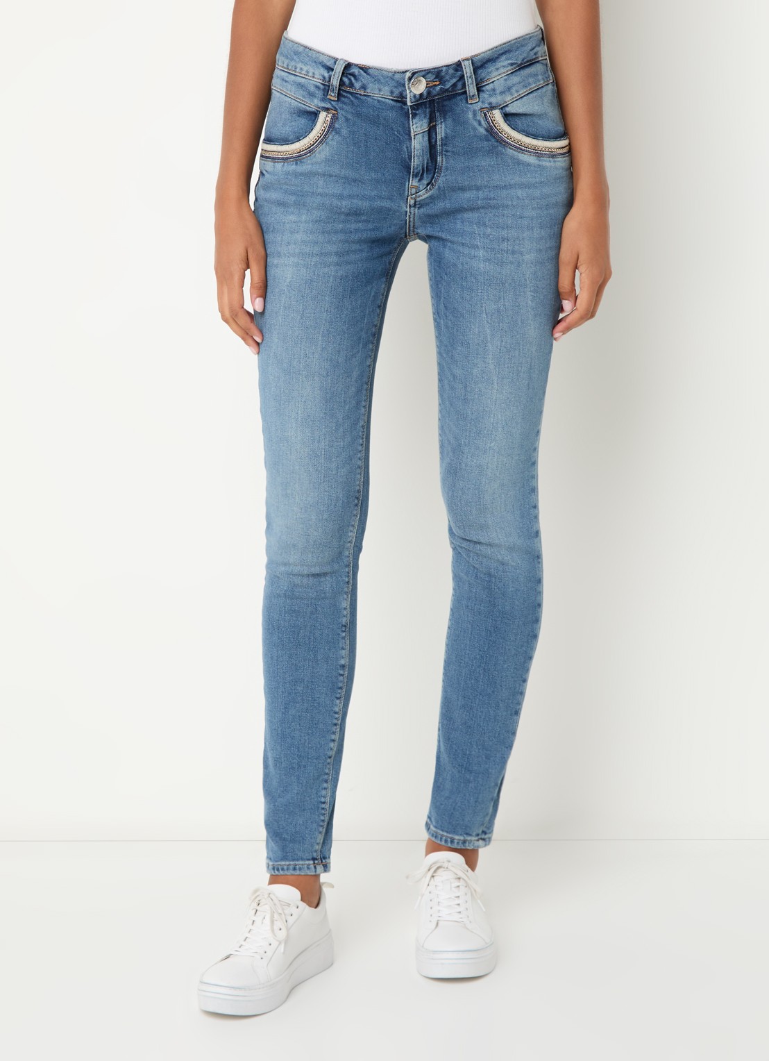 Mos Mosh MMNaomi Mateos mid waist skinny jeans met medium wassing - detail indigo