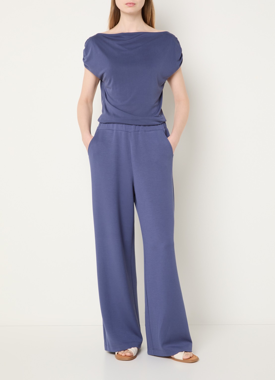 Mos Mosh MMNima high waist wide fit joggingbroek met steekzakken - voorkant 3 staalblauw