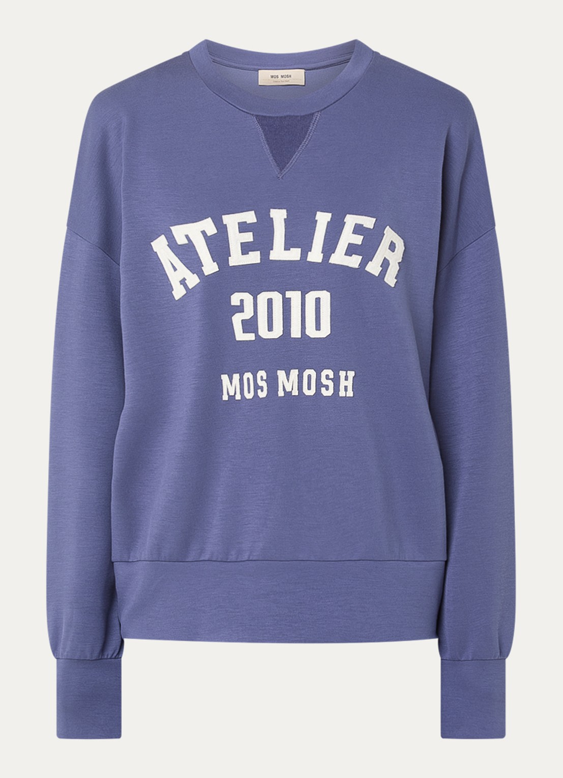 Mos Mosh MMNina sweater met flock logoprint - voorkant 2 staalblauw