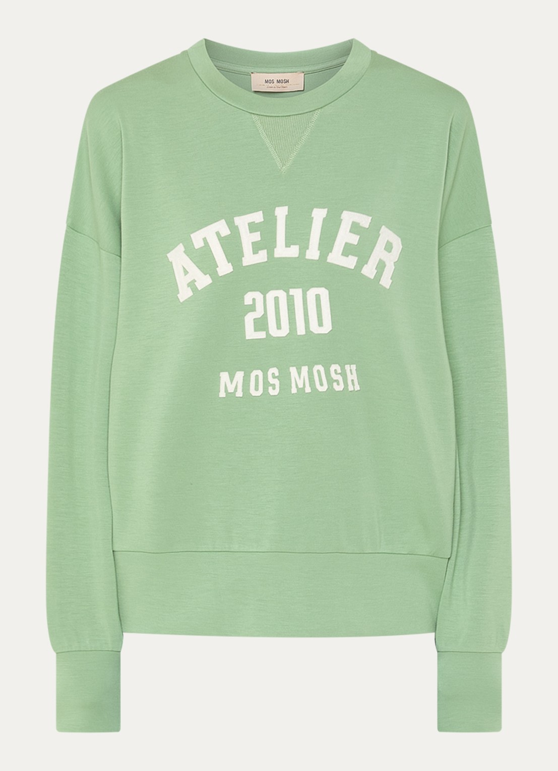 Mos Mosh MMNina sweater met flock logoprint - voorkant 2 groen