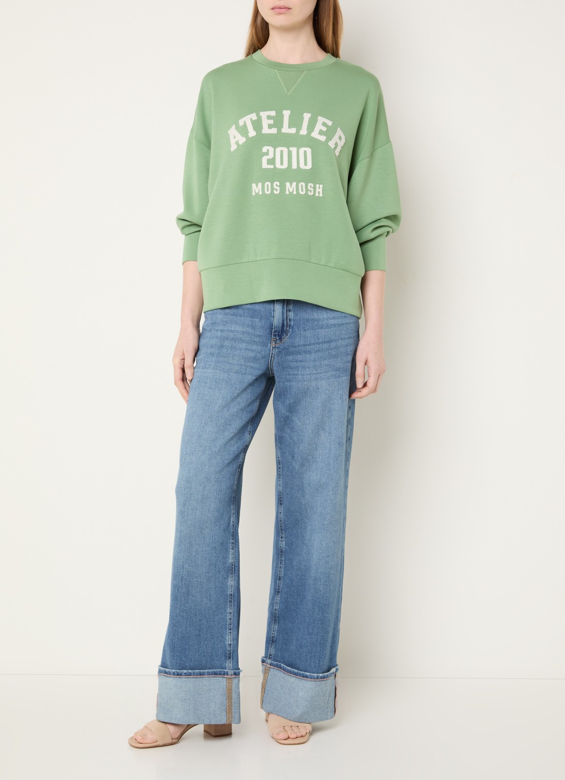Mos Mosh MMNina sweater met flock logoprint - voorkant 3 groen