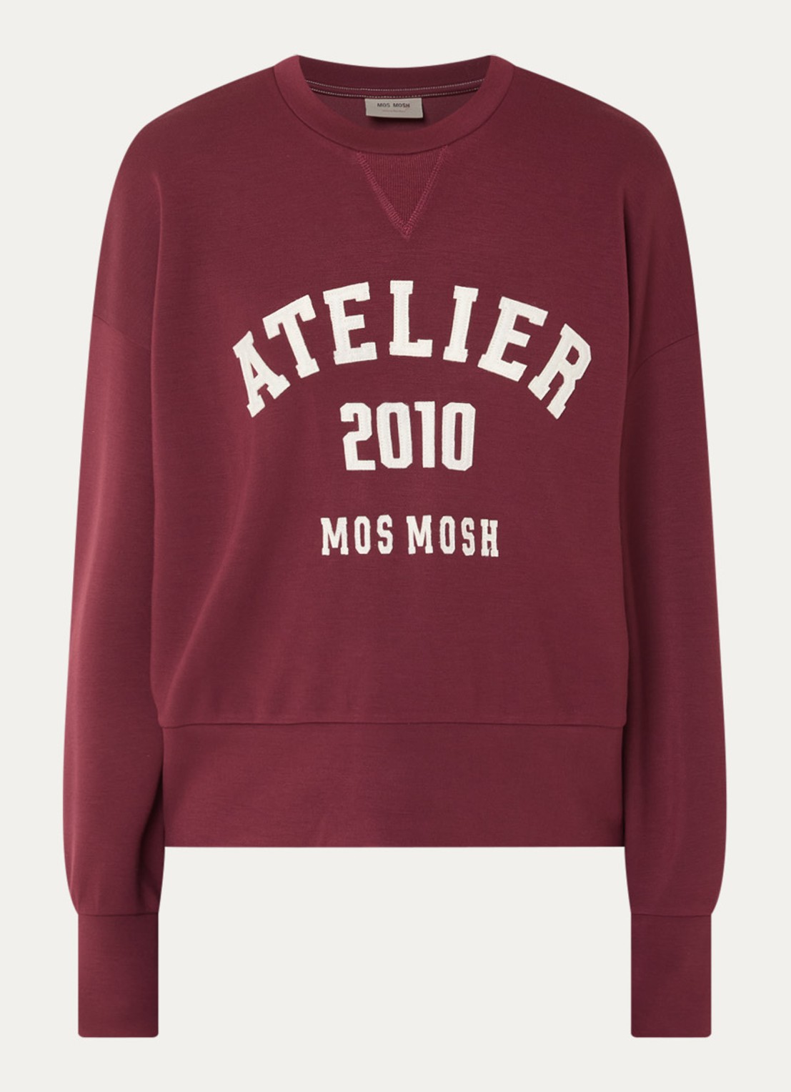 Mos Mosh MMNina sweater met flock logoprint - voorkant 2 bordeauxrood