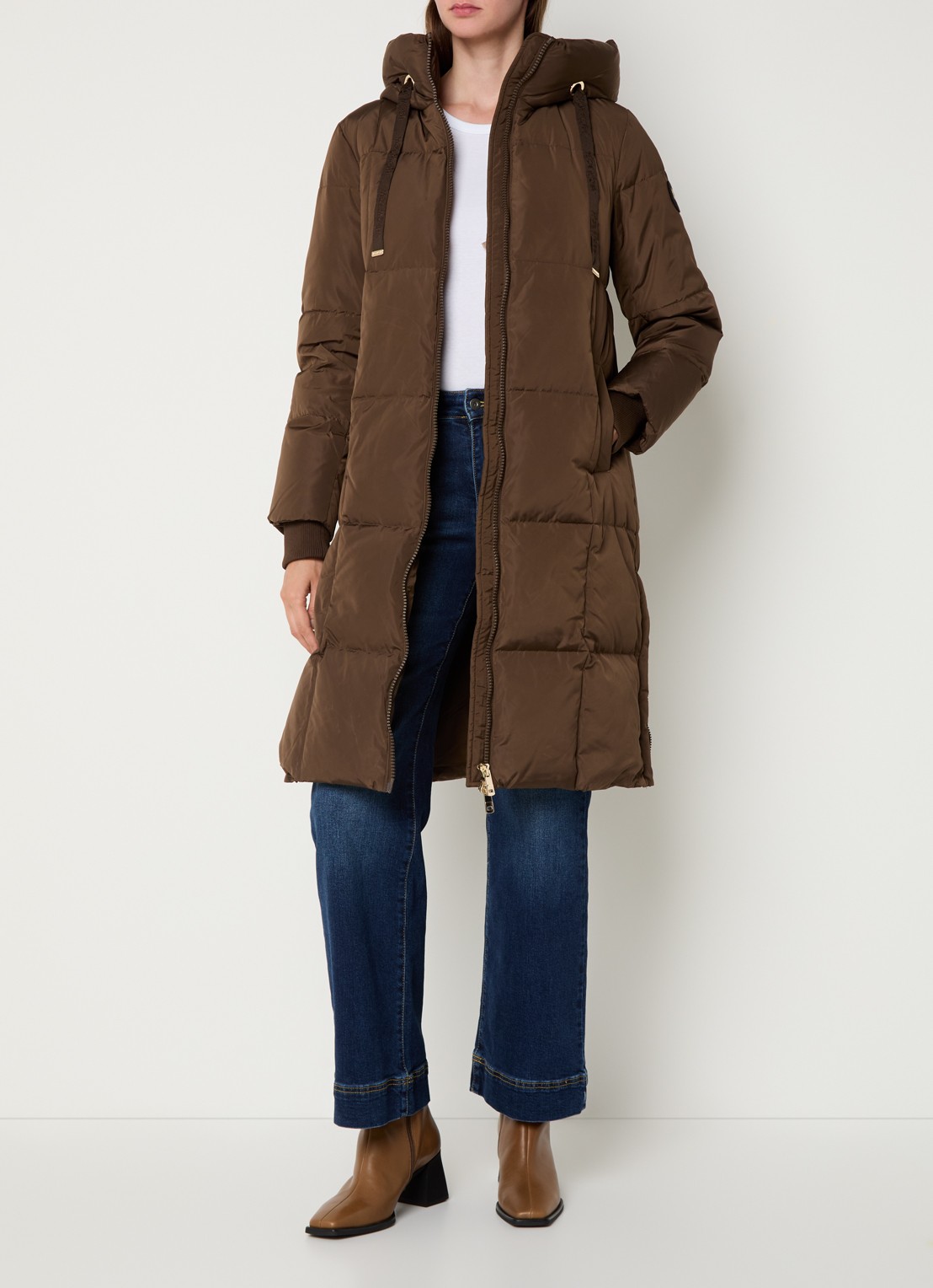 Mos Mosh MMNova longline puffer jas met steekzakken - voorkant 3 donkerbruin