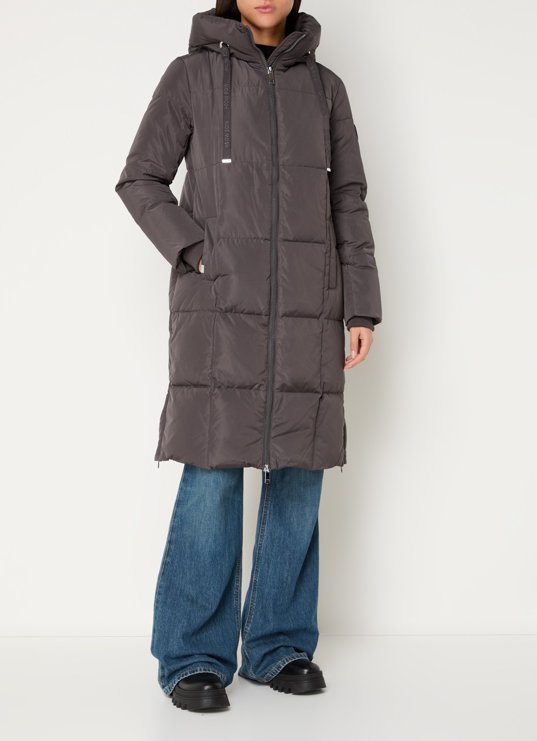 Mos Mosh MMNova longline puffer jas met steekzakken - detail antraciet