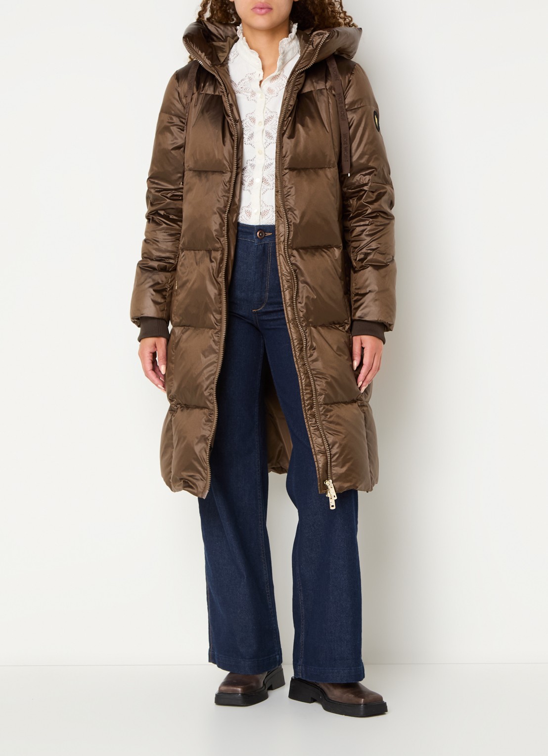 Mos Mosh MMNova longline puffer jas met steekzakken - voorkant 2 bruin