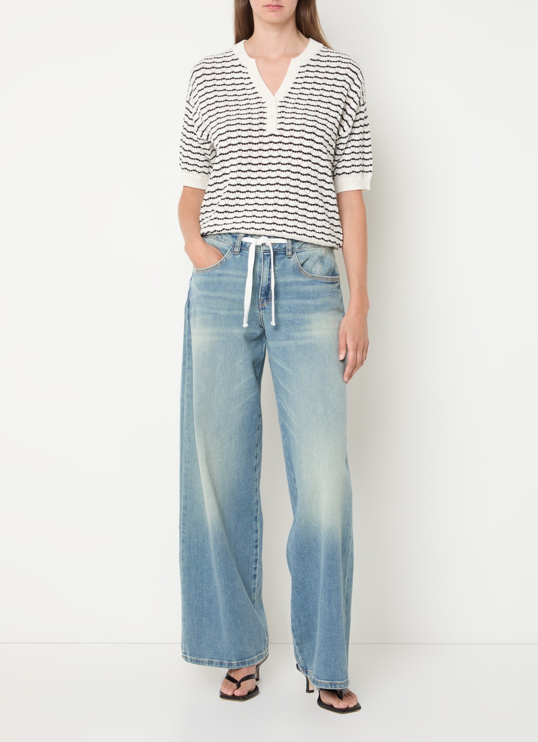 Mos Mosh MMPin Stripe fijngebreide top met ingebreid patroon - voorkant 2 gebroken wit