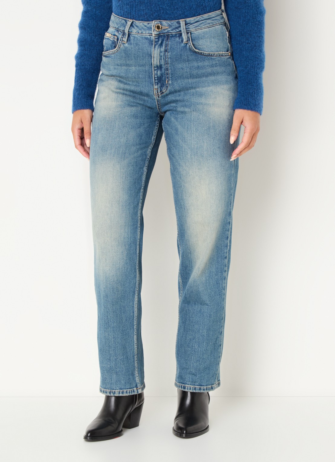 Mos Mosh MMRachel Galleon high waist tapered fit jeans met medium wassing - detail indigo