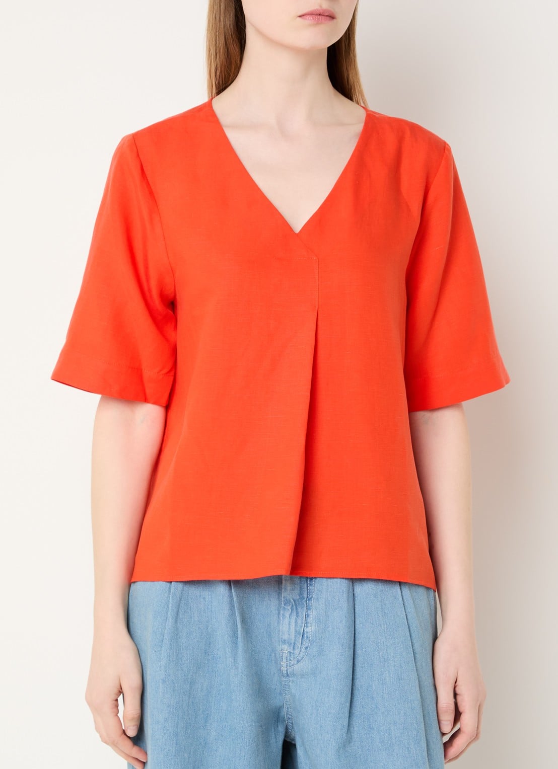 Mos Mosh MMRaina top in linnenblend met V-hals - detail 4 rood