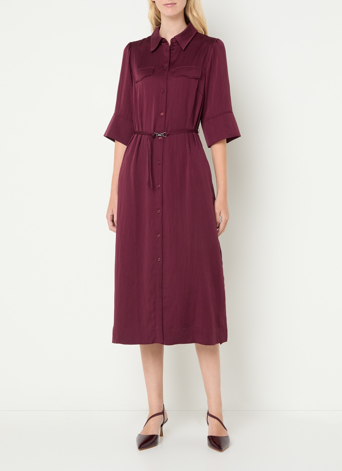 Mos Mosh MMRaya Annie midi blousejurk met ceintuur - detail 4 bordeauxrood