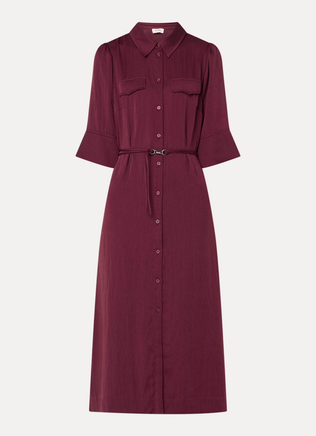 Mos Mosh MMRaya Annie midi blousejurk met ceintuur - voorkant bordeauxrood