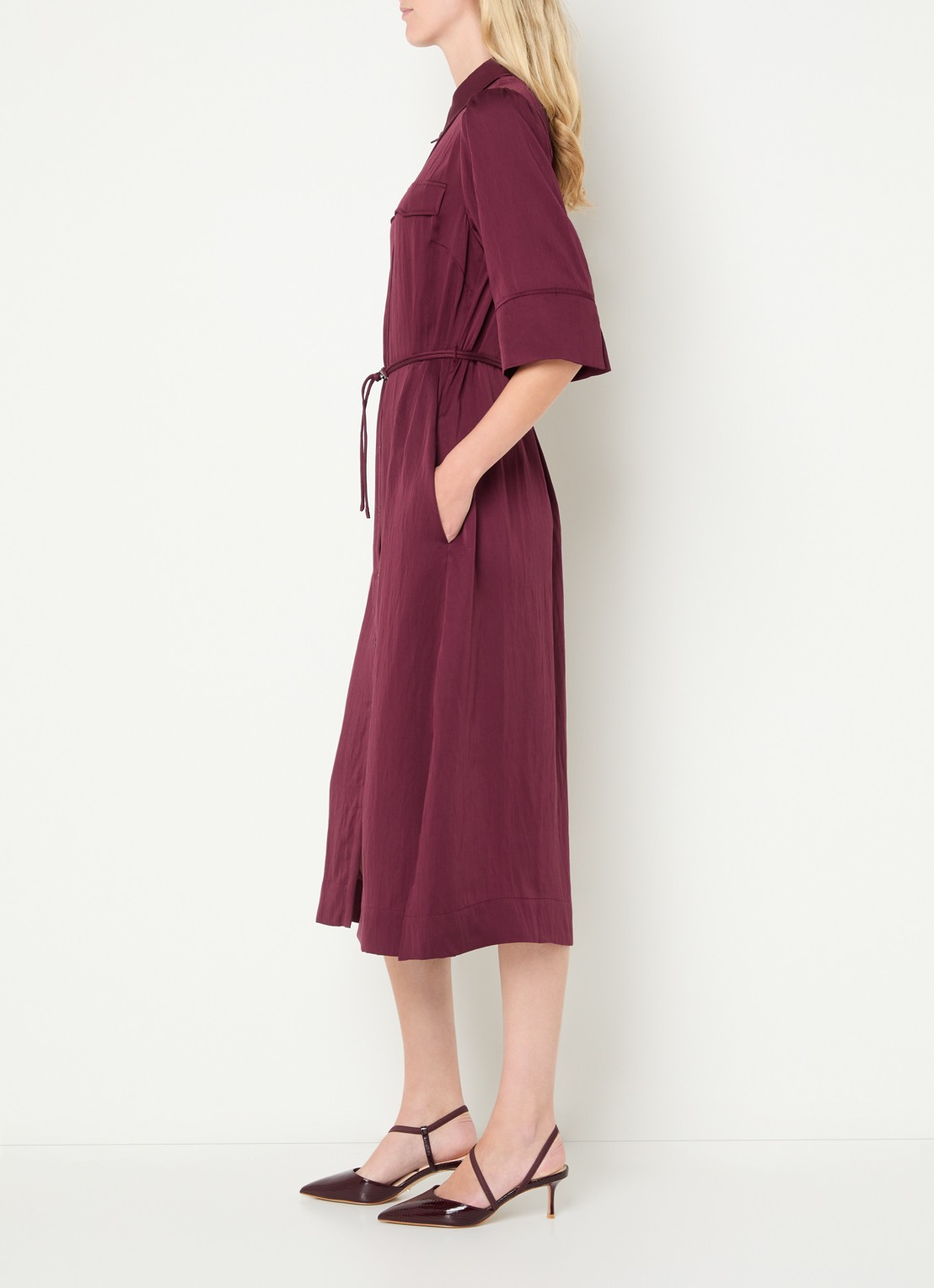 Mos Mosh MMRaya Annie midi blousejurk met ceintuur - voorkant 2 bordeauxrood