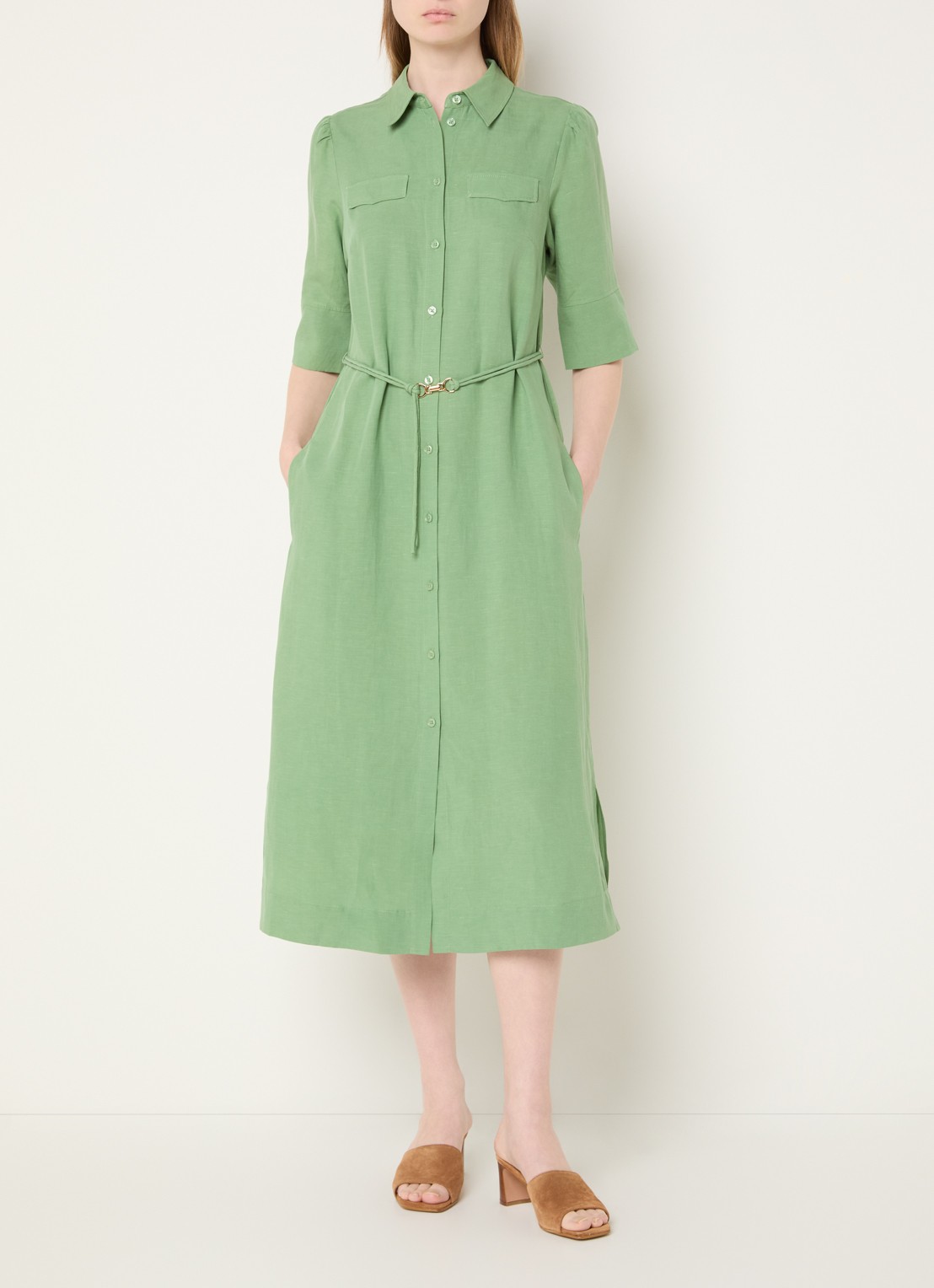 Mos Mosh MMRayas Alexis midi blousejurk in linnenblend - detail 2 groen