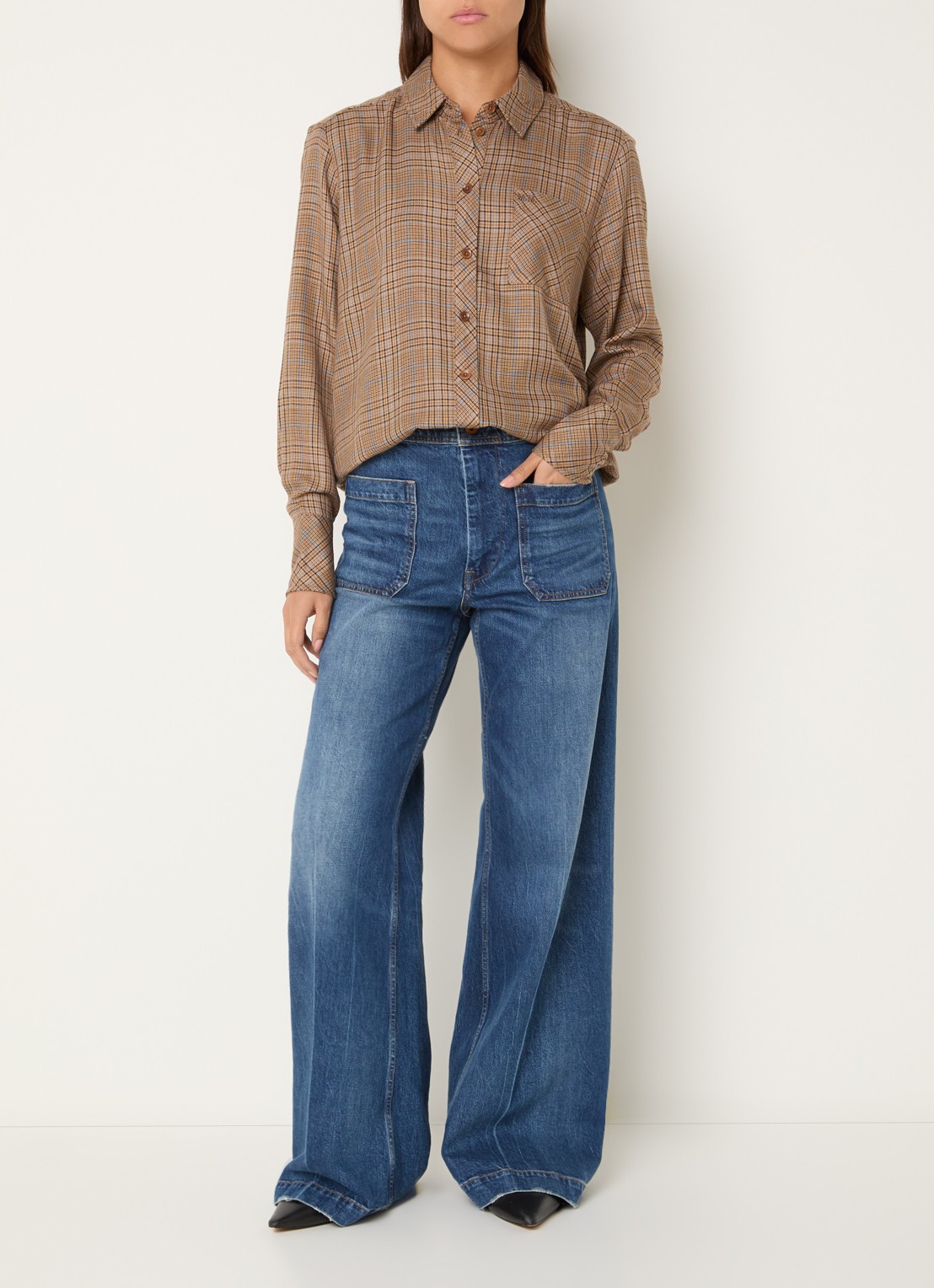 Mos Mosh MMSanni Kalif blouse in wolblend met ruitdessin - voorkant 2 beige