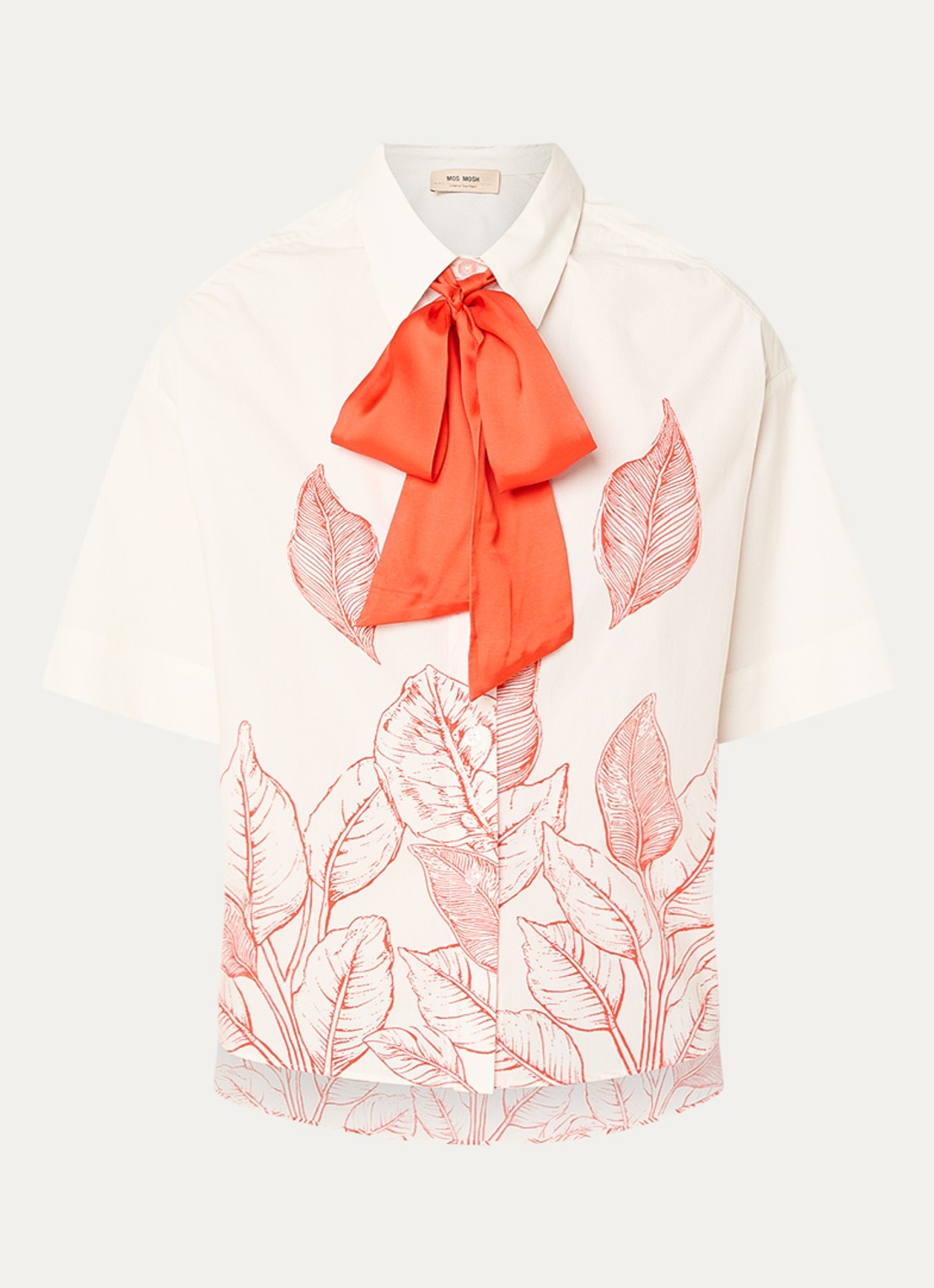 Mos Mosh MMSaras blouse met bladprint en sjaalkraag - voorkant 2 gebroken wit