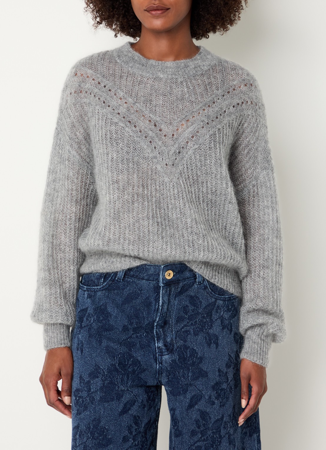 Mos Mosh MMSigva Mohair grofgebreide trui met stretch - detail grijs