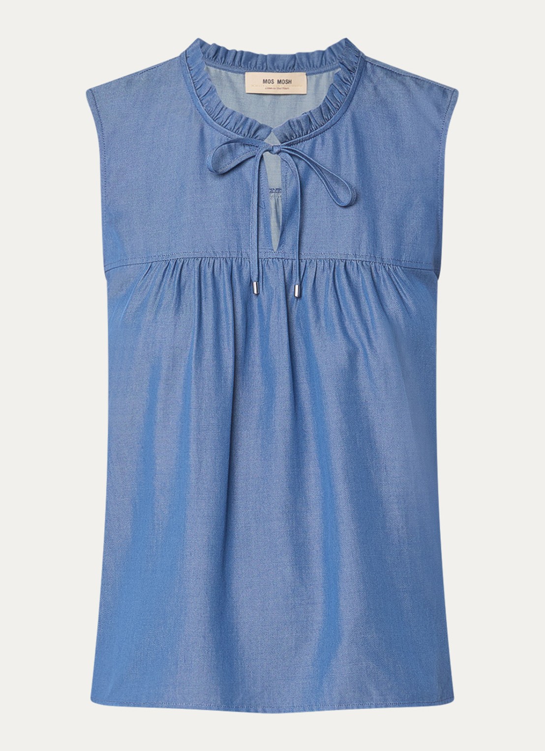 Mos Mosh MMSolandra mouwloze top van chambray met ruches - voorkant 3 blauw