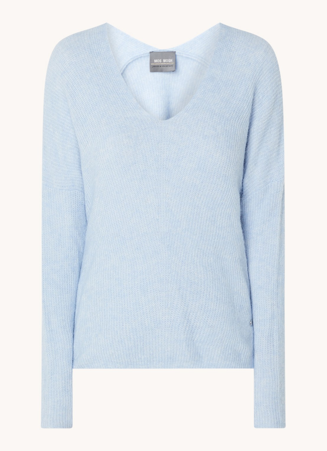 Mos Mosh MMThora fijngebreide pullover in alpaca wolblend met V-hals - voorkant cashmere blue / kobaltblauw
