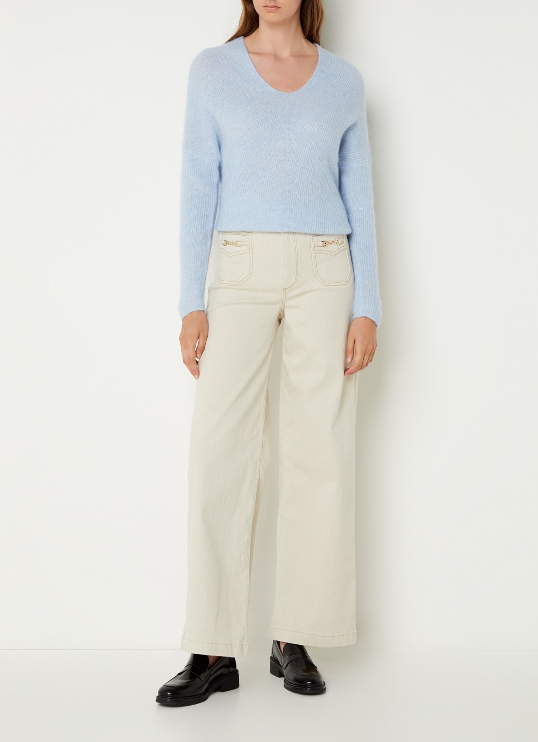Mos Mosh MMThora fijngebreide pullover in alpaca wolblend met V-hals - voorkant 2 cashmere blue / kobaltblauw